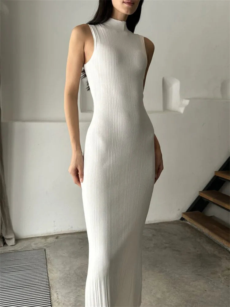 Sexy Women's Knitted Dress 2024 Spring Summer Maxi Turtleneck Sleeveless Sheath Long Dress Slim Party Bodycon Dresses for Women
