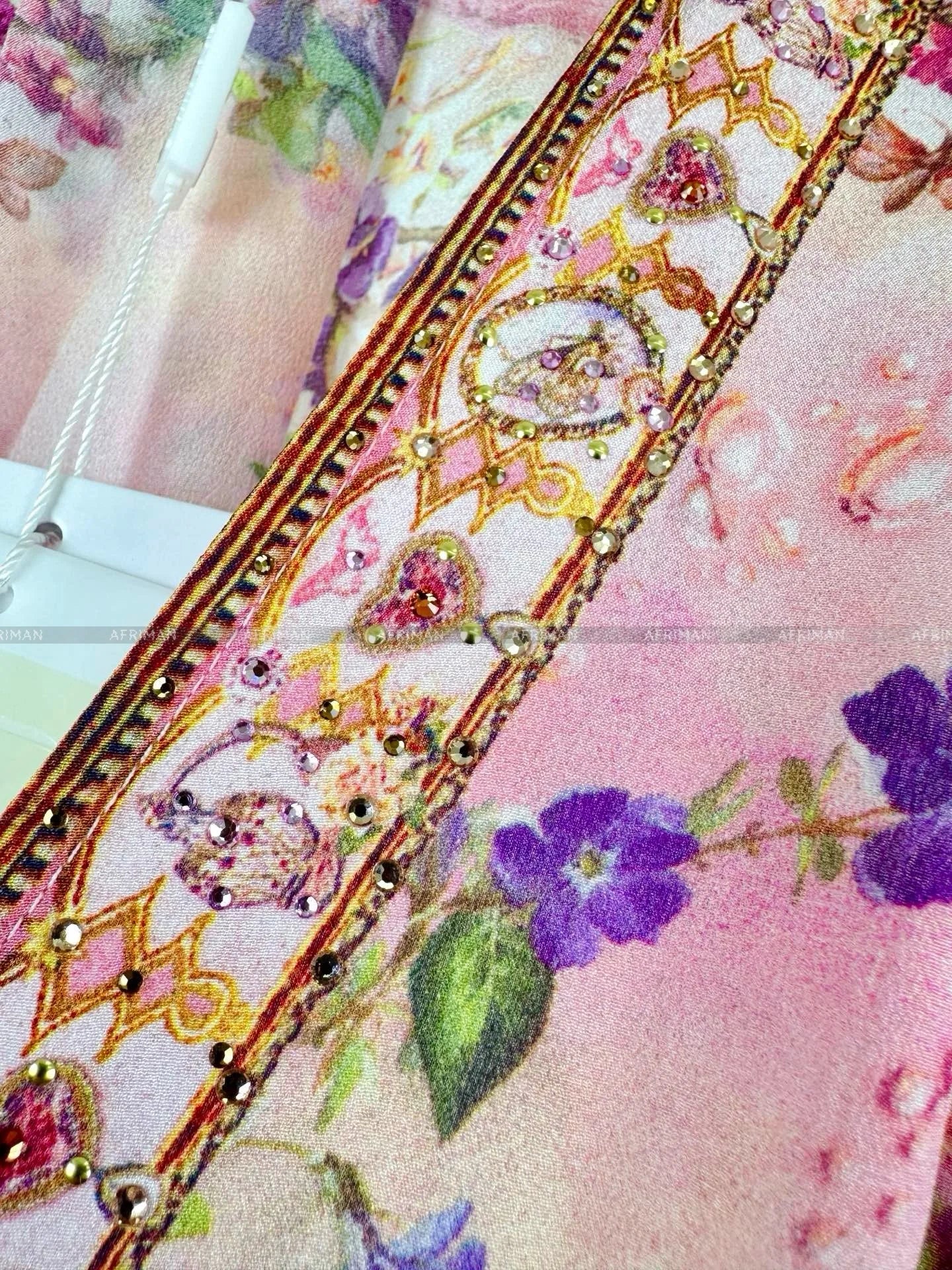 Women V Neck Crystal Beaded Pink Flower Print 3D Flower Embroidery Long Sleeve Silk Long Dress