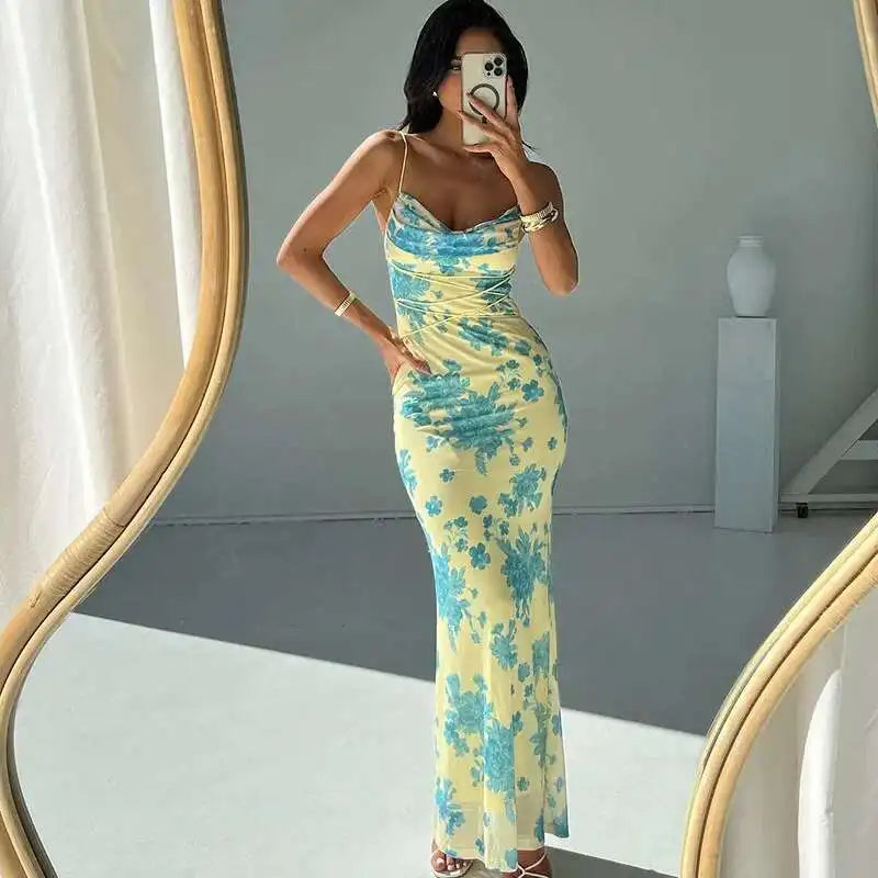 Avrilyaan Pile Collar Print Backless Sexy Dress Women 2024 Elegant Holiday Casual Dress Bodycon Summer Maxi Long Dress Vestido