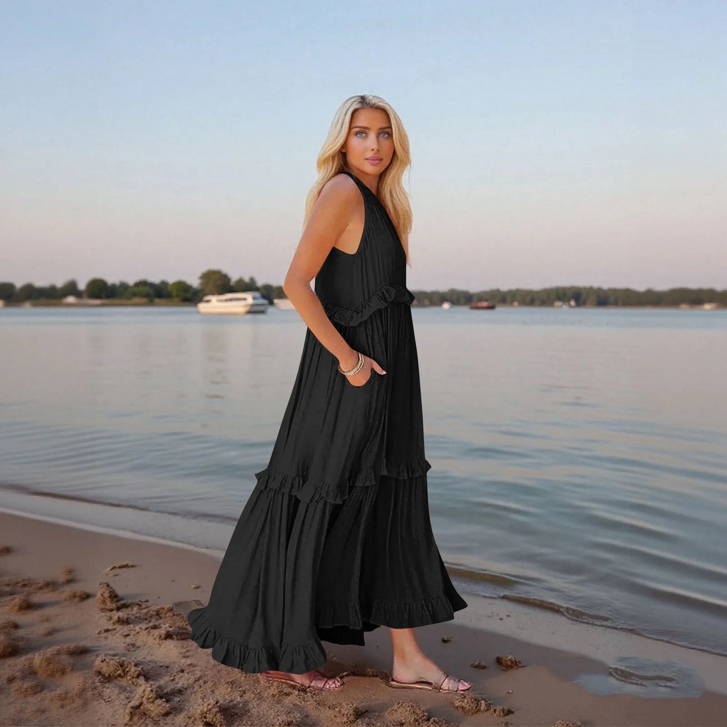 Women's Ruffled hem layered long dresses Summer Sleeveless backless dress Fashion Long Dress Big Swing Beach Dress vestidos