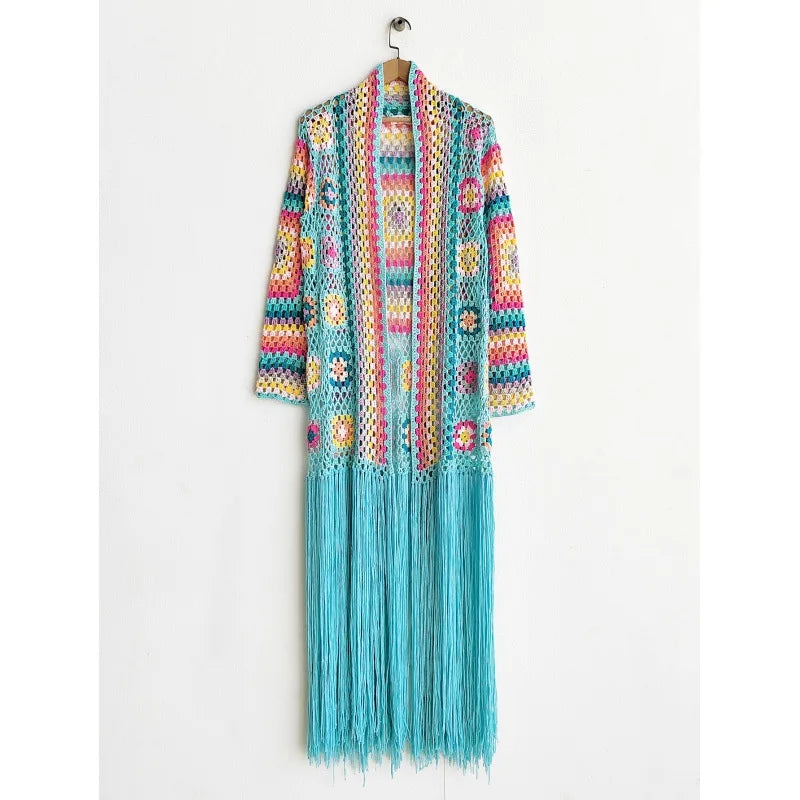 Crochet Knitted Women Cardigan Cover Ups Tassel Plaid Long Coat Bohemian 2023 Summer Beach Bikini Covers Sexy Hook Vestidos