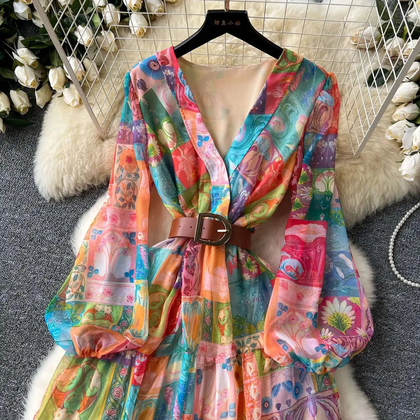 XFPV 2025 Spring New Fashion High-end V-neck Lantern Sleeves High Waist Print Swing Ruffle Edge Chiffon Long Dress Women SM11517