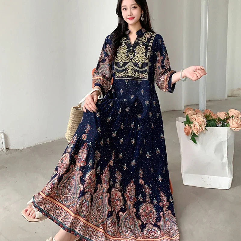 Summer Autumn Robe Maxi Long Dress Women Indian Clothes Boho Cotton Print Floral Boho Korean Style Fashion Casual Vestido Largos