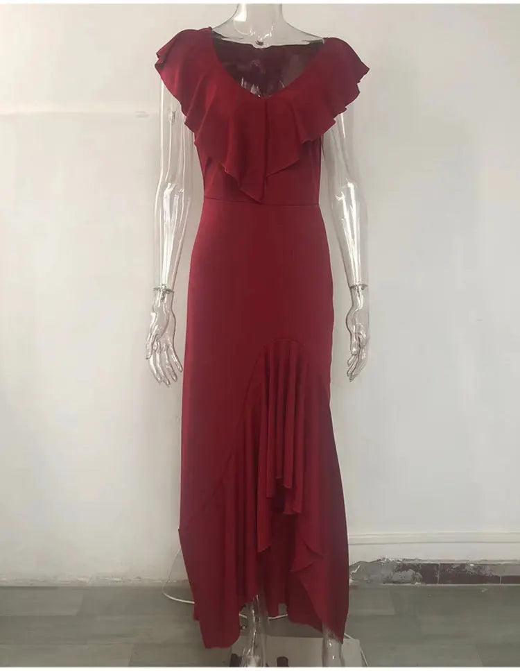 2023 Autumn New European and American Style V-Neck Long Dress with Ruffled Edge Irregular Elegant Dress Party Dress