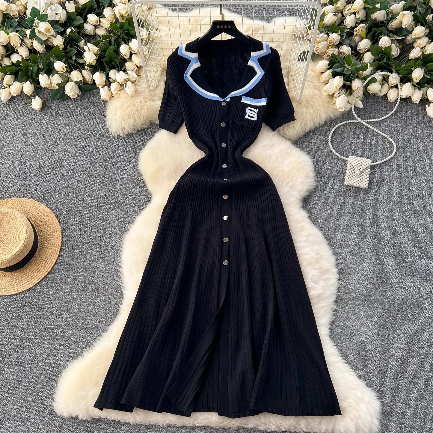 YuooMuoo 2024 Summer Women Knitted Long Dress Brand Fashion Turn-down Collar A-line Sweater Dress Elegant Lady Office Dress Robe