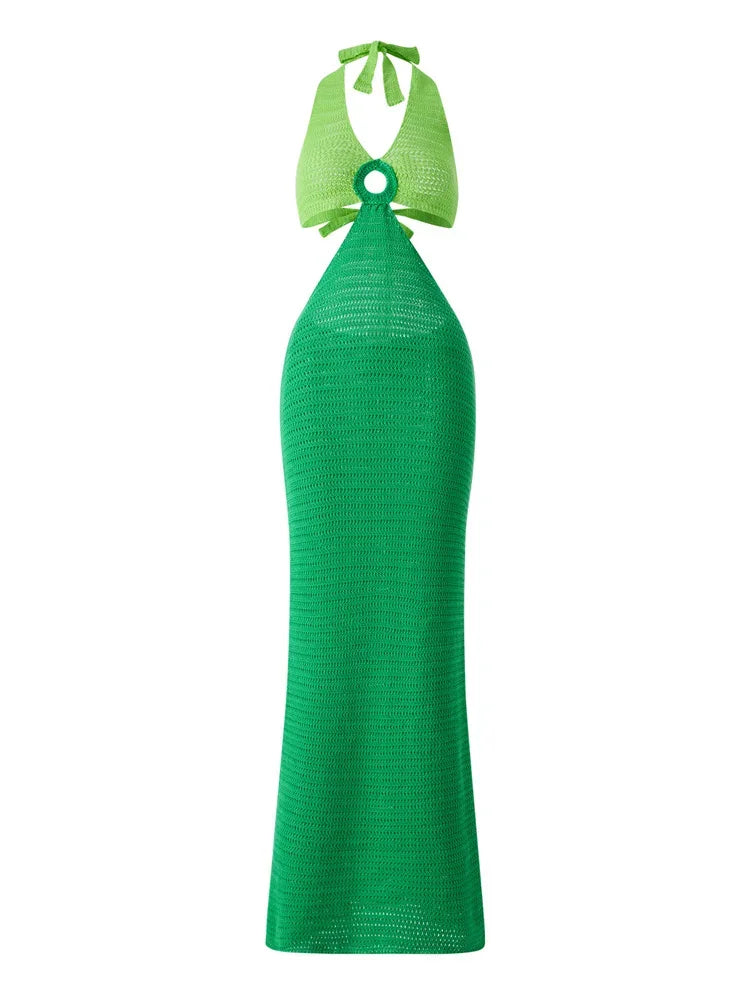 Y2K Cut Out Knitted Long Dress Women Contrast Sleeveless Halter V Neck Backless Dress Summer Bohemian Beach Sexy Dresses Female