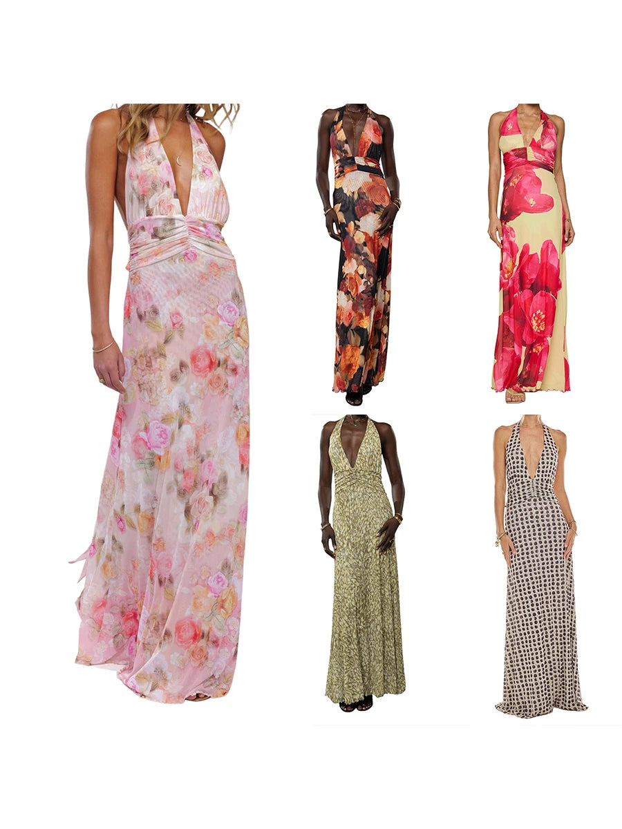 Combhasaki Women Summer Sleeveless Tie-up Halter Deep V-Neck Backless Flower/Dots Print Ruffle Hem Mesh Ruched A-line Long Dress