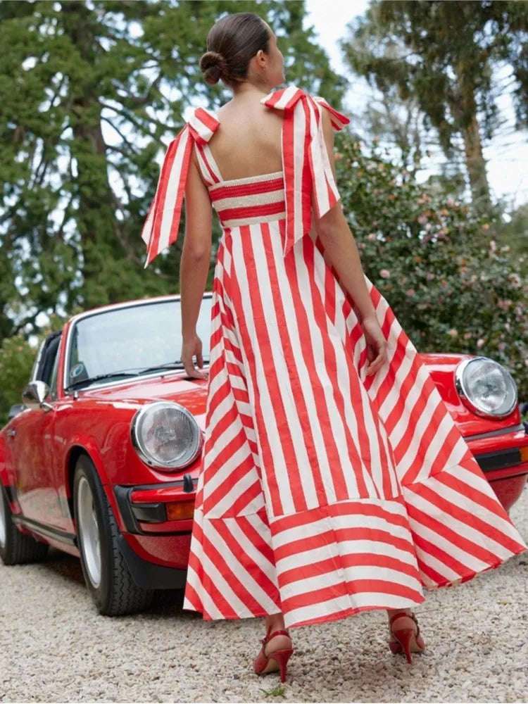 2024 Summer New Stripe Print Spaghetti Strap Dresses For Women Fashion Elegant Lady Bowknot Shoulder Strap Long Dress Vestidos