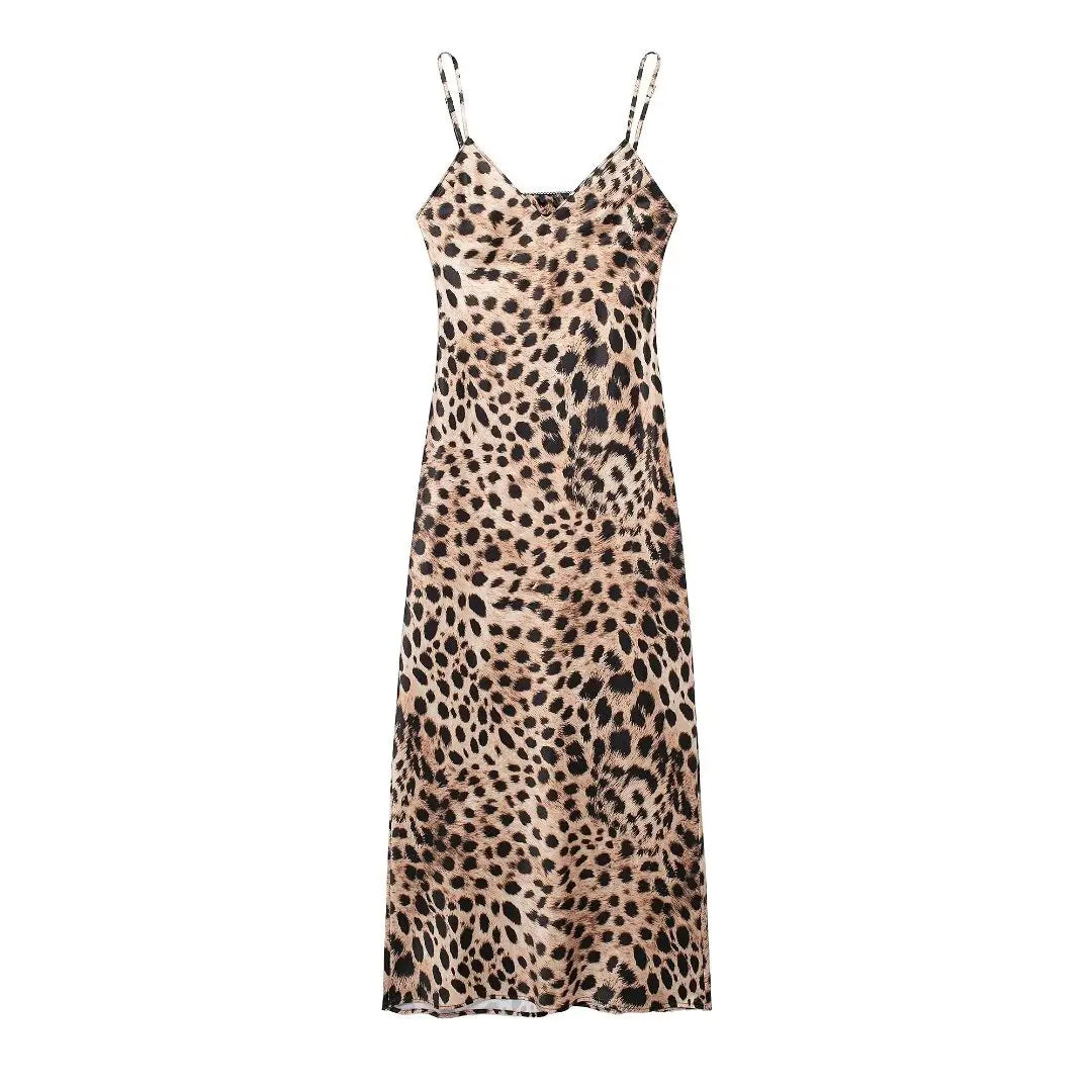 TRAF Women Fashion Summer New Underwear Backless Satin Texture Leopard Print Long Dress Chic Female French Elegance Evening
