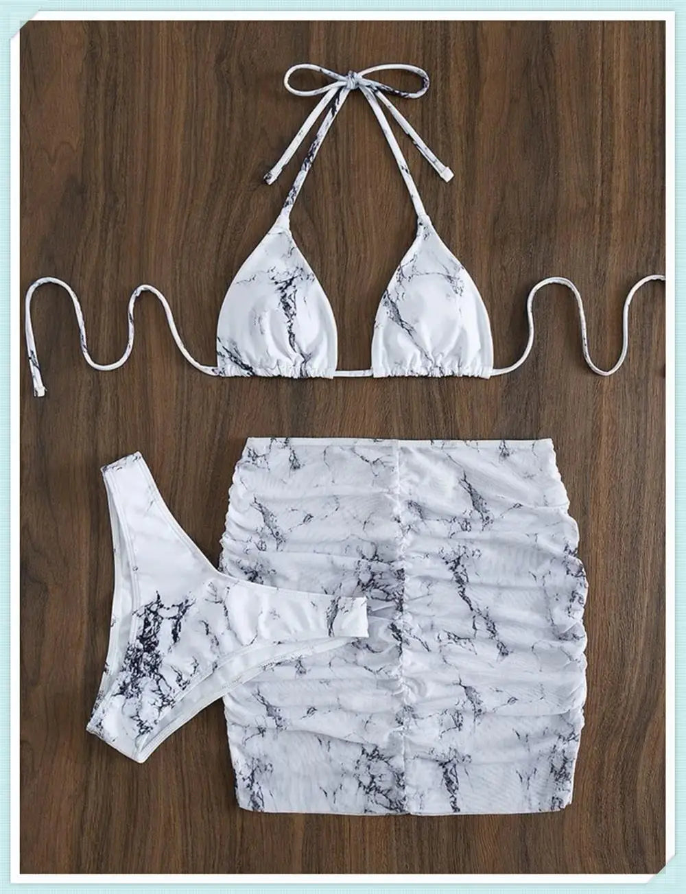 3 Pieces Thong Bikini Set With Skirt Marble texture Bathing Suit Women Swimsuit Set Female Swimwear Beach Wear Swimming Summer