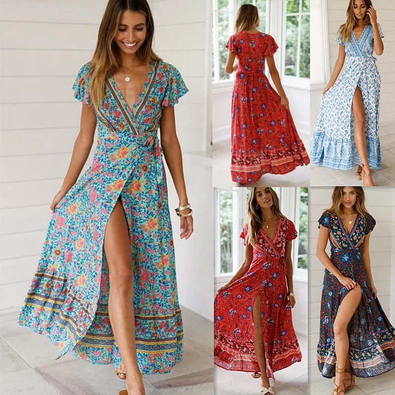 Summer Dress Women 2024 Short Sleeveless Casual V-neck Floral Print Boho Beach Long Dress S-3XL Sexy Split Party Robe