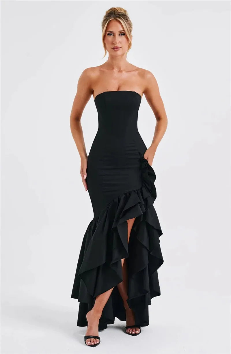 Mozision Strapless High Split Ruffle Long Dress For Women Fashion Off-shoulder Backless Sleeveless Bodycon Club Party Sexy Dress