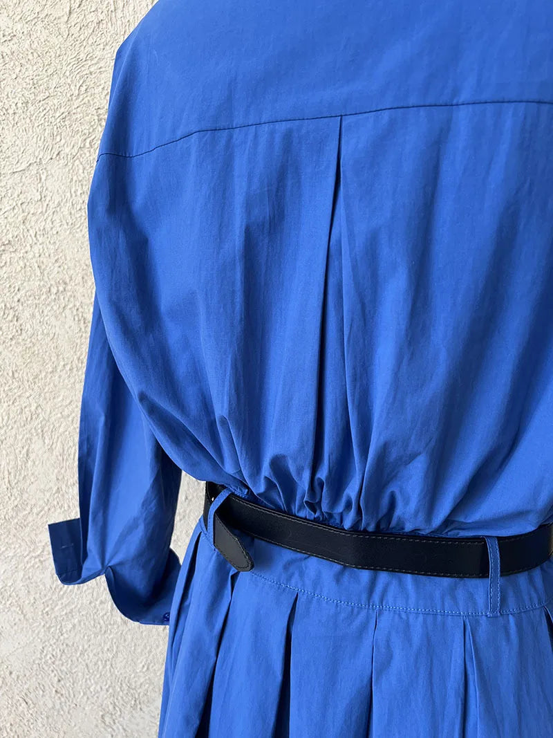 Polo‘s Collar Shirt Dress Women Spring Slimming Long Dress With A Cinched Waist Blue / Pink