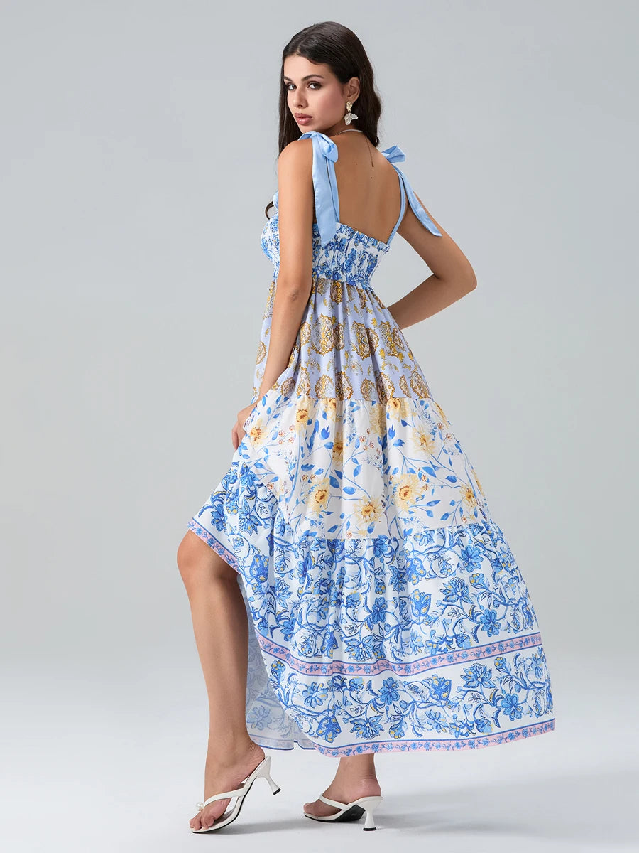 Combhasaki Women's Y2K Vintage Floral Print Ribbon Tie-Up Shoulder Straps Sleeveless V-Neck Summer Big Swing A-line Long Dress