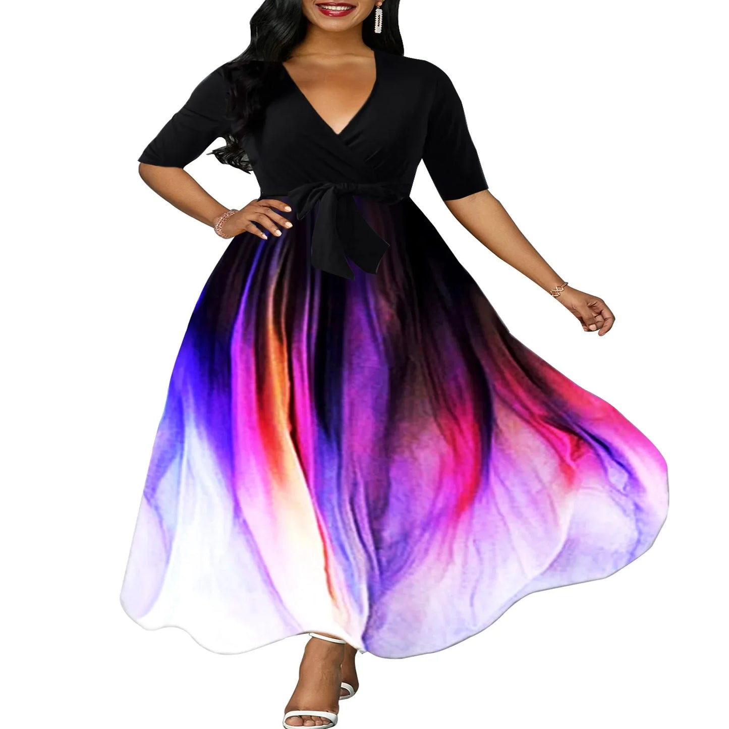 Plus Size Hot Sale Of The Season Elegant Printed Slim Fit Midi Dress with Belt Large Size Splice Long Dress Sexy Half Sleeve ...