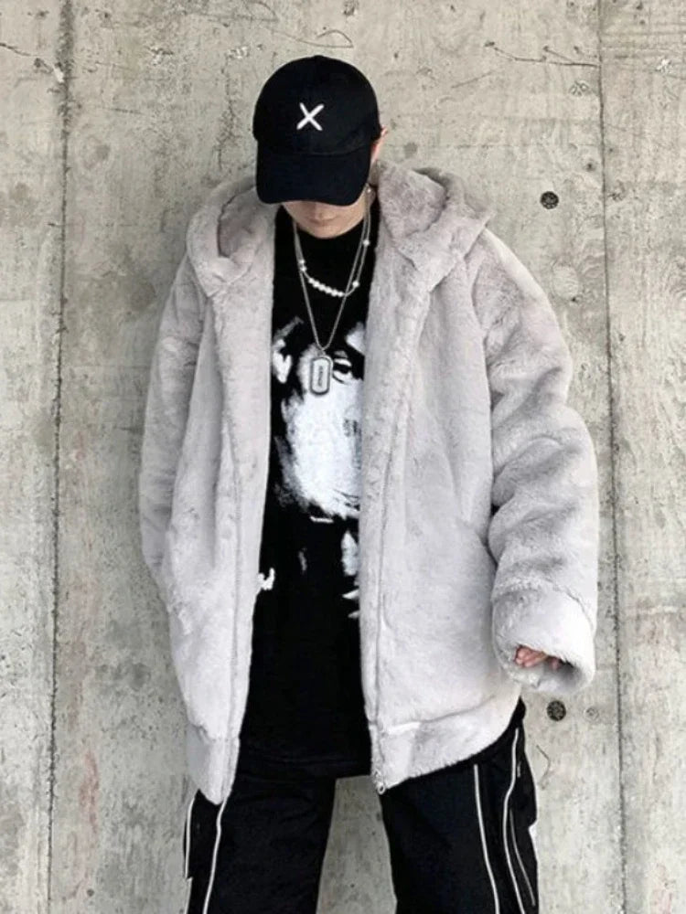 Gmiixder Streetwear Padded Jacket for Men Thickened Lamb Rabbit Wool Coat 2023 Winter Fashion Lovers Gothic Harajuku Fake Fur