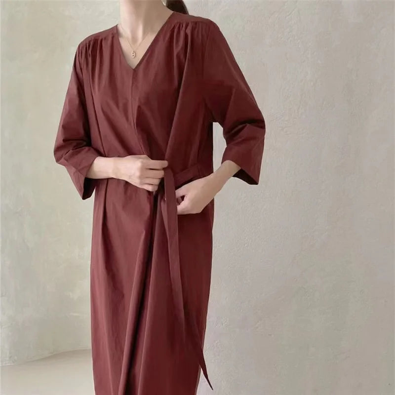 REALEFT 2024 New Summer Korean Vintage Women's Dresses Sashes Solid V-Neck Elegant Straight Loose Long Dress Female