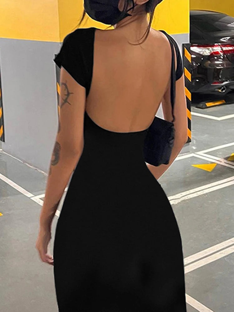 Solid Backless Skinny Sexy Short Sleeve Long Dress Women Elegant Fashion Summer Vacation Outfits