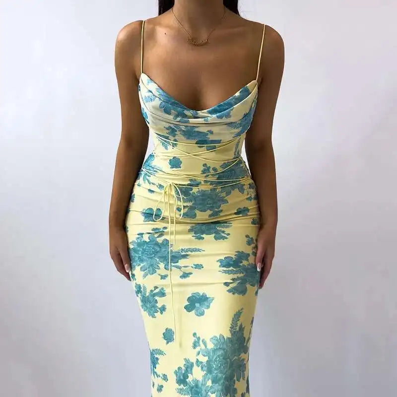 Avrilyaan Pile Collar Print Backless Sexy Dress Women 2024 Elegant Holiday Casual Dress Bodycon Summer Maxi Long Dress Vestido