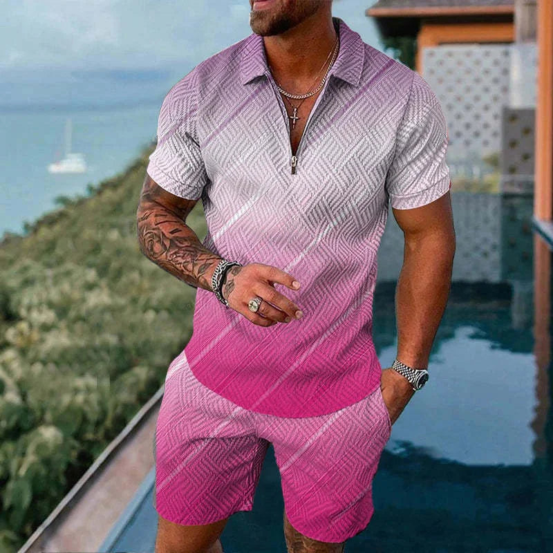Solid Color Gradient Print Men's Sweatsuit Set Summer Casual Zipper Polo Shirt And Shorts 2pcs Sets Trend Man Pullover Clothing