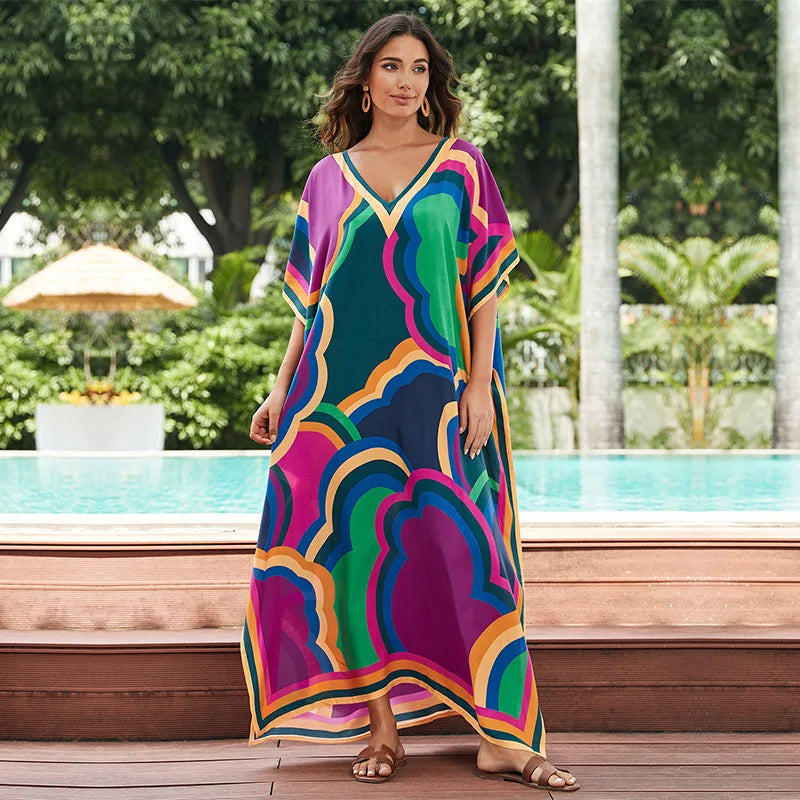 Women's Print Turkish Kaftan Bikinis Set Beachwear Bikini Cover Up Maxi Dress Bathing Suit Summer Outfit
