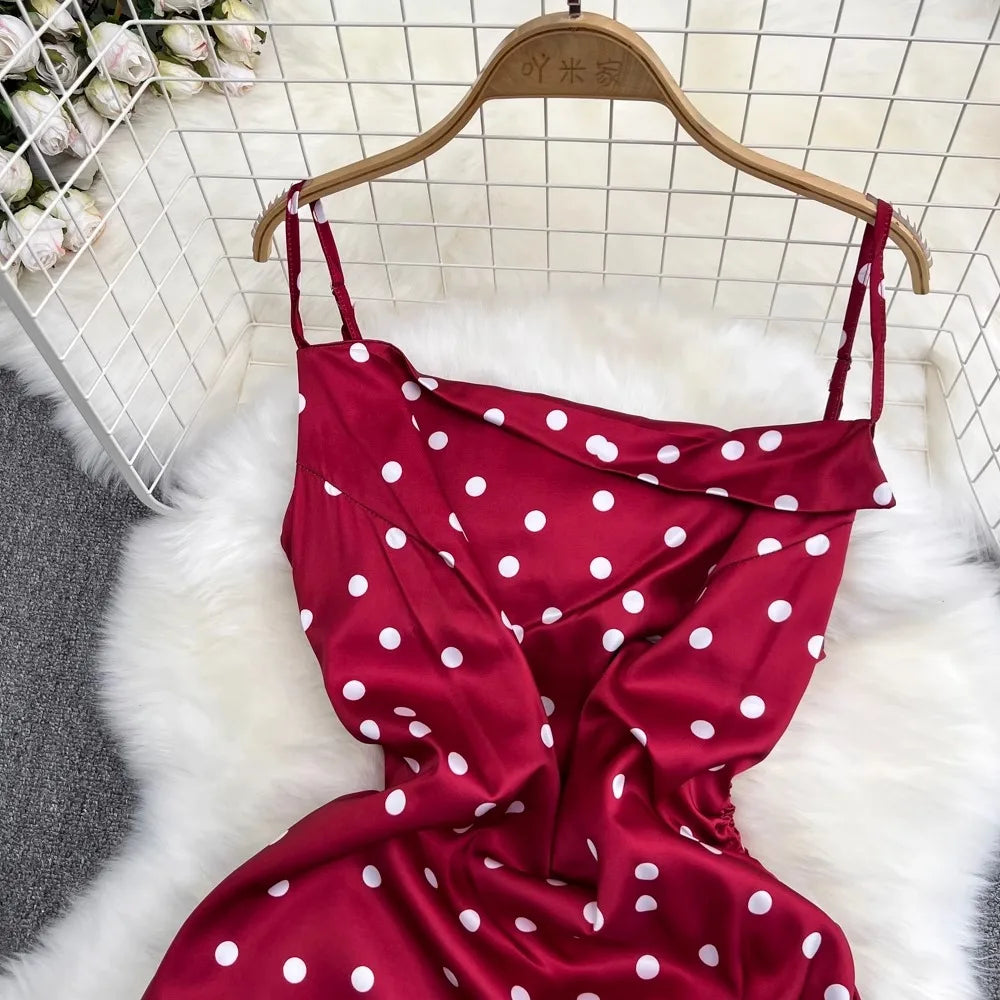 YuooMuoo Chic Polka Dot Camisole Dress for Women 2024 Summer Sexy High Split Drawstring Vacation Beach Long Dress Party Vestidos