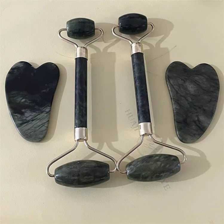 Natural Jade Double Head Roller Health Beauty Treatment Device Scraping Board Set Xiuyan Face Massager To Lift Remove Wrinkles