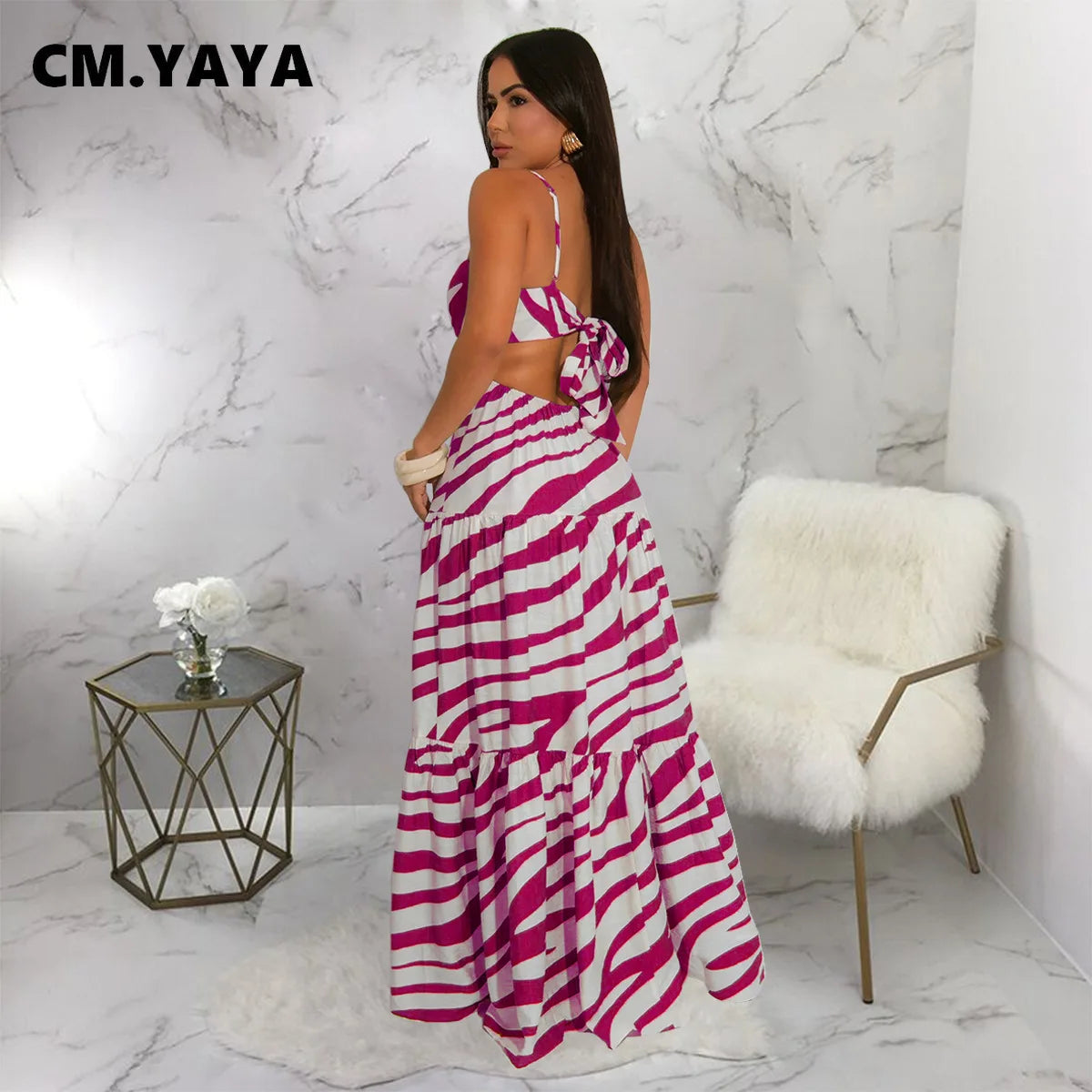 CM.YAYA Printed Women Strap Sleeveless Backless Long Dress 2025 Birthday Beach Evening Sexy Night Party Maxi Dresses Vestidos