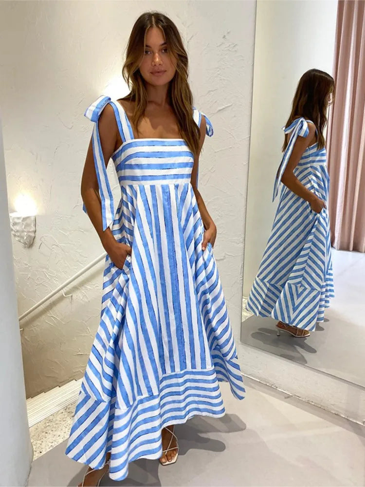 2024 Summer New Stripe Print Spaghetti Strap Dresses For Women Fashion Elegant Lady Bowknot Shoulder Strap Long Dress Vestidos