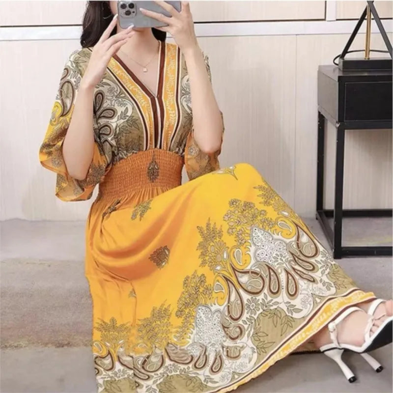 V-neck Large Skirt Hem Casual Sweet Holiday Long Dress Bat Sleeves Elastic Waist Bohemian Print Floral Elegant Dresse For Women