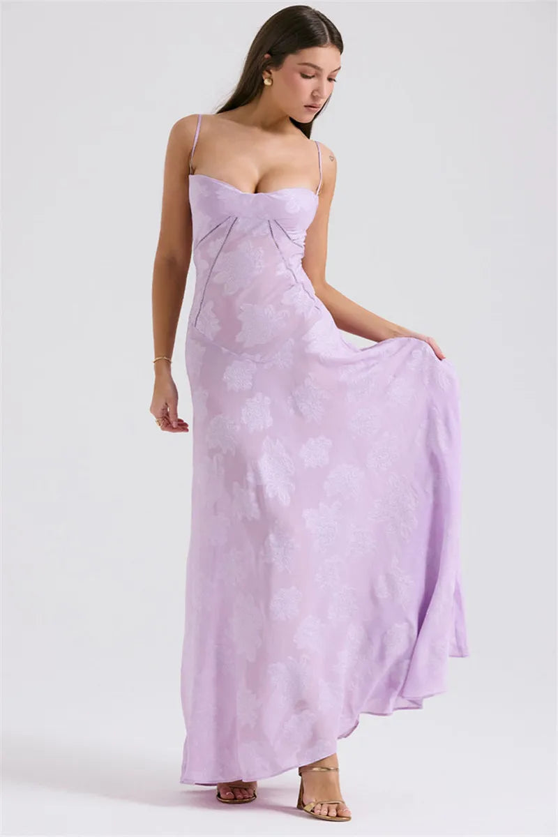 Mozision Elegant Print Backless Maxi Dress For Women Fashion New Spaghetti Strap Sleeveless Loose A-line Club Party Long Dress