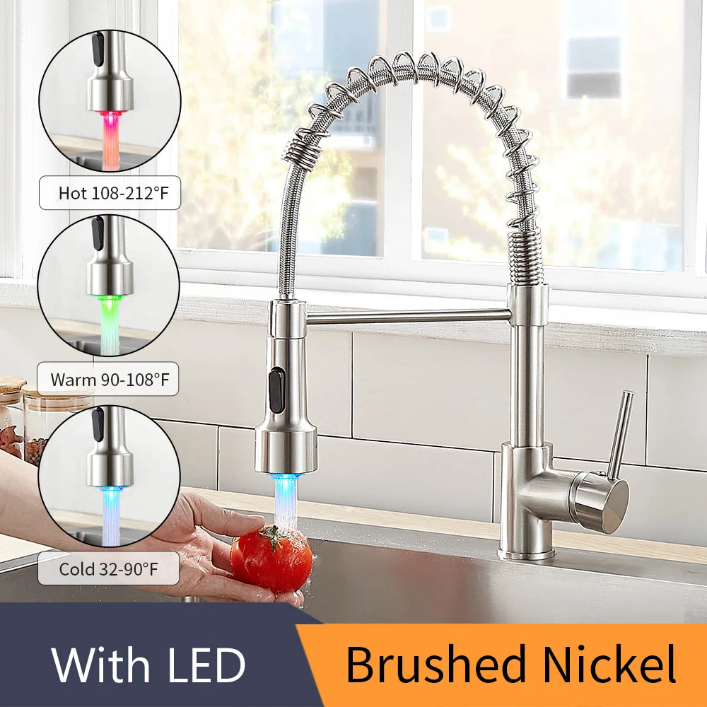 Kitchen Faucets Brush Brass Faucets for Kitchen Sink Single Lever Pull Down Spring Spout Mixers Tap Hot Cold Water Crane 9009