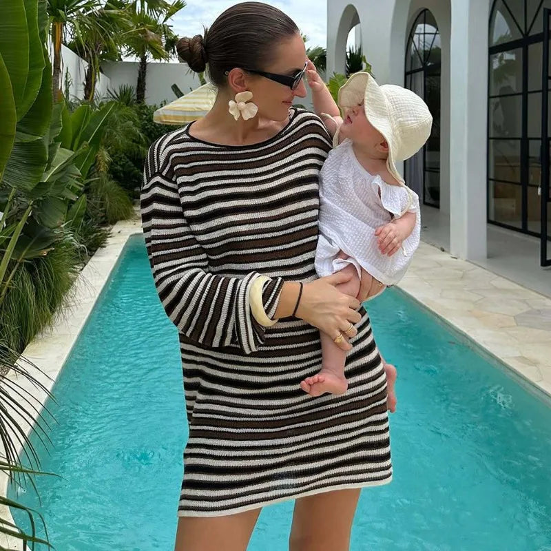 Talenza Knit Striped Mini Dress Women's Fashion Backless Cutout Long Sleeve Knit Dress Beach Vacation Boho Loose Casual Dresses