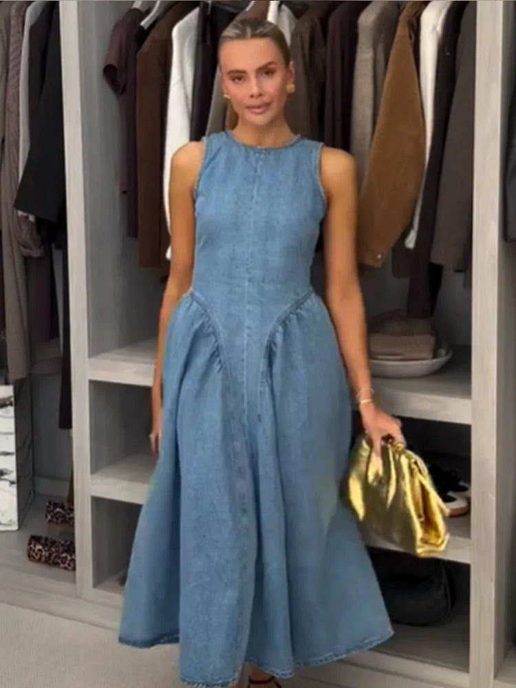 Women Blue Denim Pleated High Waist A-line Long Dress Sexy Backless Sleeveless Lace-up Vestidos Elegant Street Party Dresses