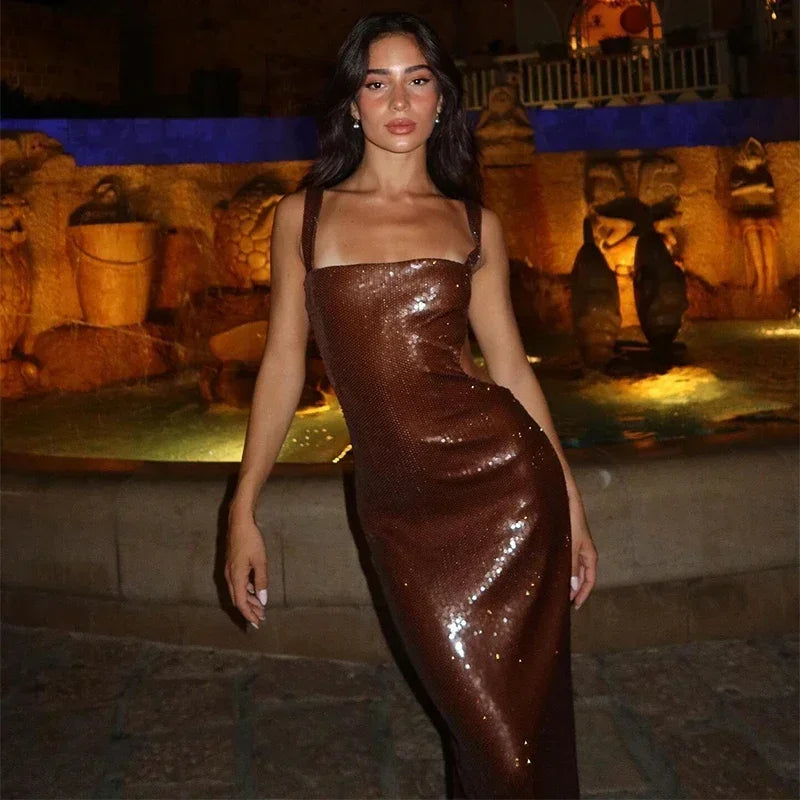 Sexy Square Neck Sling Long Dress Women Slim Sleeveless Backless Hollow Out Maxi Dresses 2025 Lady Party Christmas Gowns