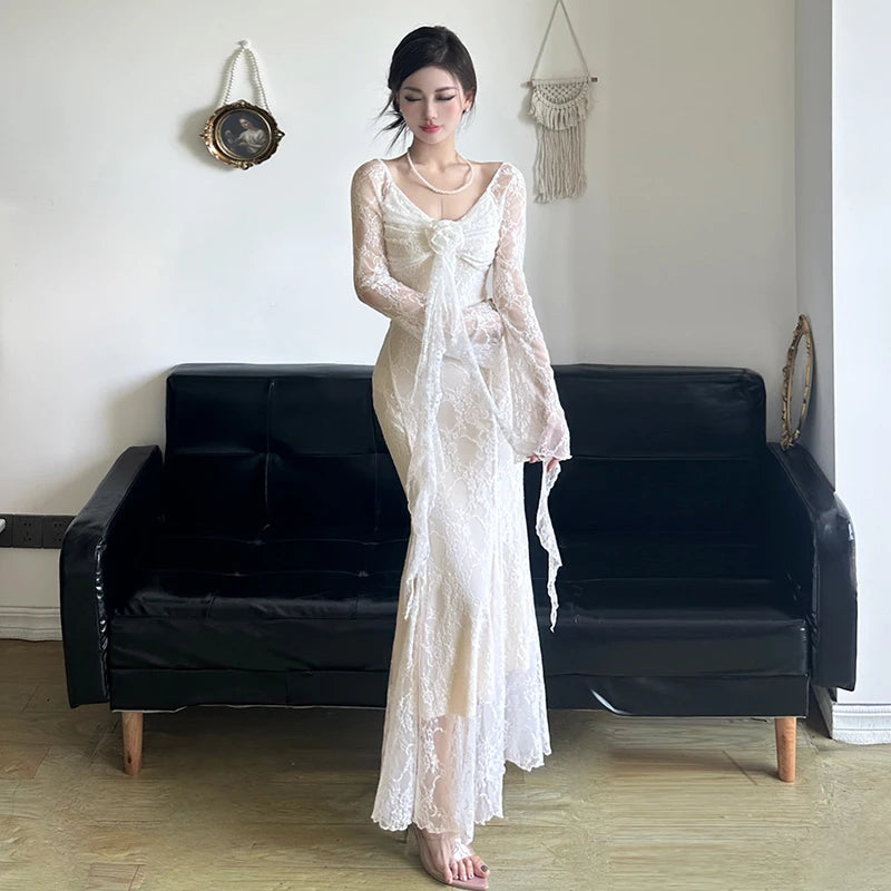 Sexy Lace Womens Dresses Summer Spring Fashion Elegant Evening Party Long Dress Birthday Prom Vestidos Female Clothing