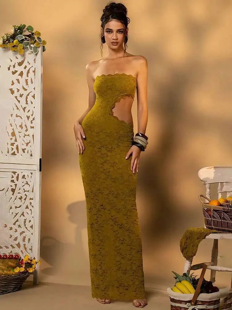 Blifanbo Backless Sexy Off-shoulder Maxi Dress Women Lace Sleeveless Strapless Hollow Out Skinny Club Party Long Dress Elegant