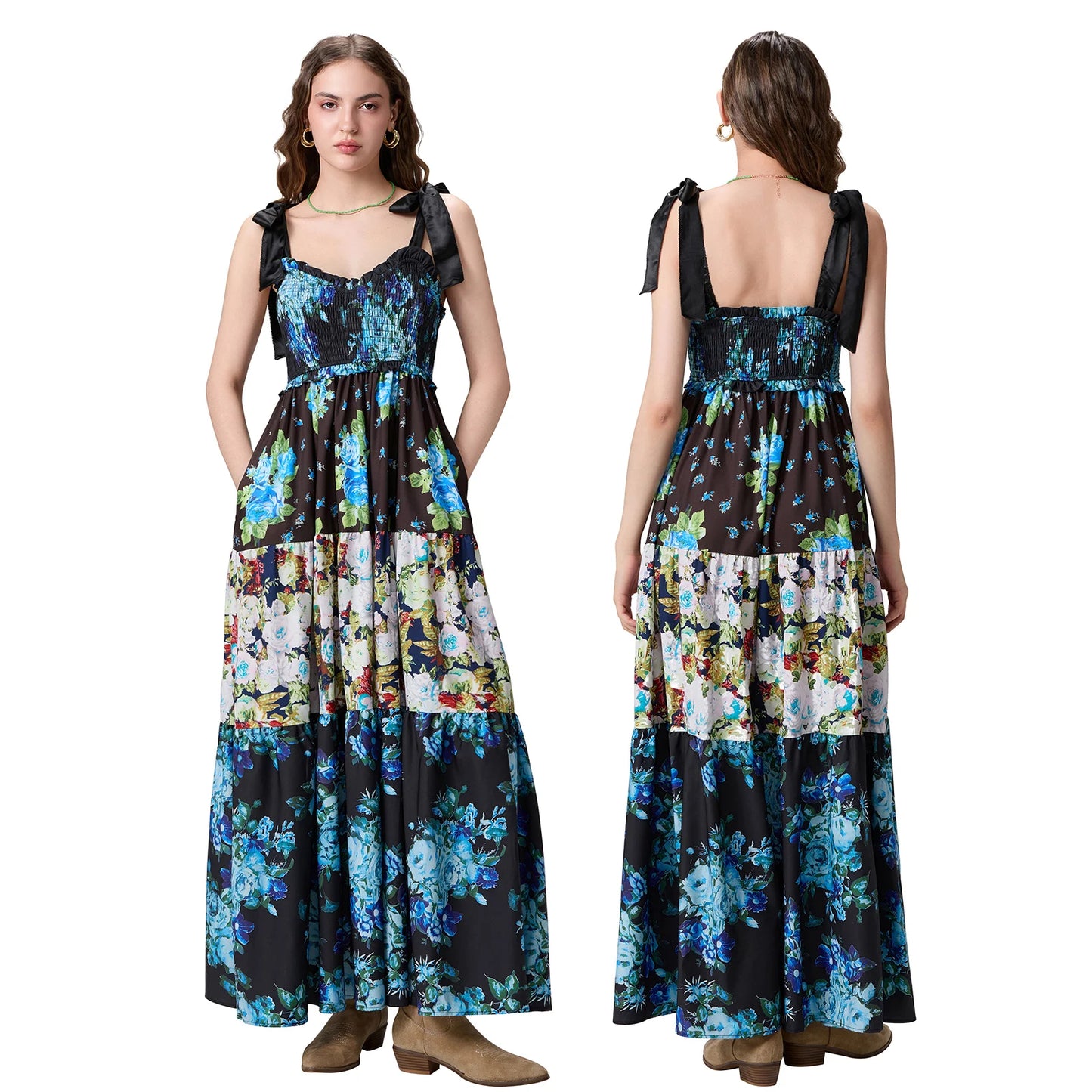 Combhasaki Women's Y2K Vintage Floral Print Ribbon Tie-Up Shoulder Straps Sleeveless V-Neck Summer Big Swing A-line Long Dress