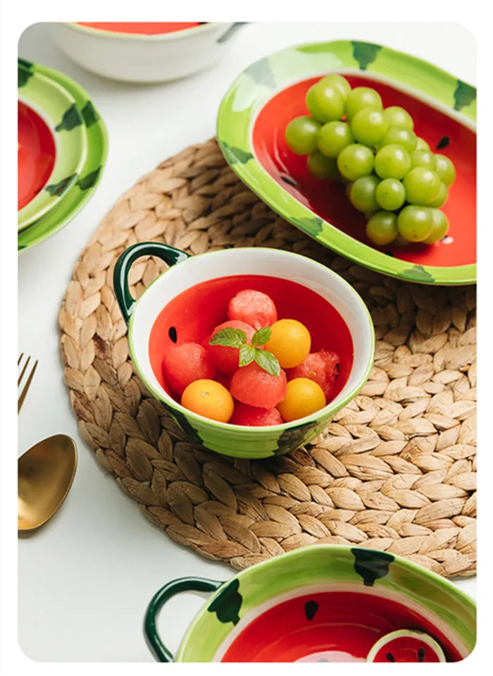 Watermelon Bowl Ceramic Bowl Plate Set Home Ramen Bowl Cute Hand-painted Tableware Children's Rice Bowls Kitchen Accessories