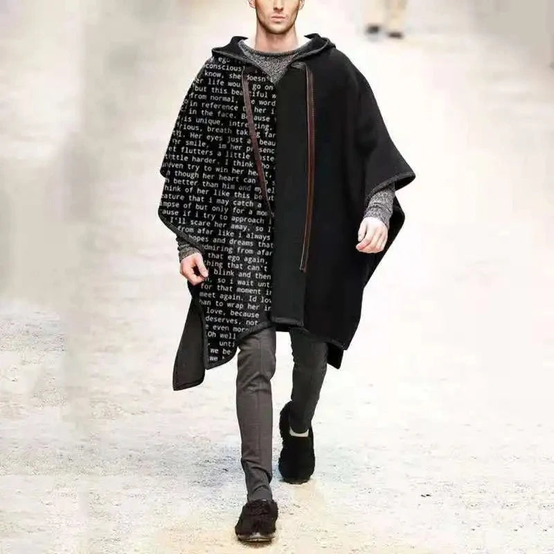Vintage Poncho Men Oversized Hooded Irregular Trench Punk Male Outerwear Fashion Coats Cloak Hood Letter Print Cape Female