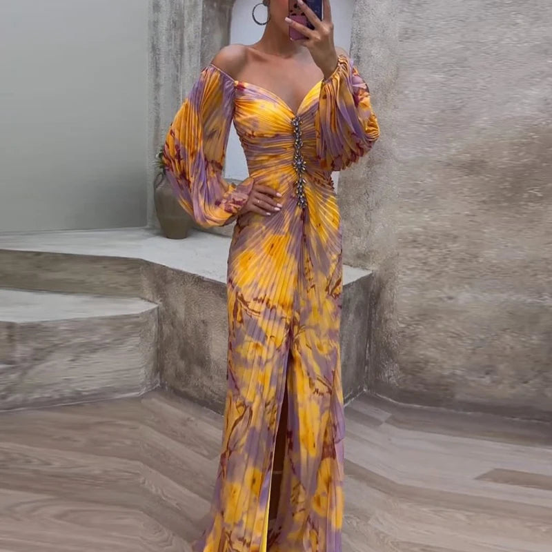 Casual Lantern Long Sleeve Big Hem Long Dress Vintage Tie-dye Print Pleated Party Dress Women Sexy Deep V-neck Waist Split Dress