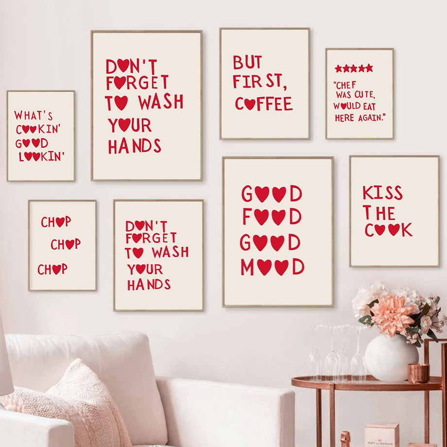 Aesthetic Kitchen Alphabet Wall Art Red Love Phrase Cute Cooking Poster New Wave Simple Canvas Painting Home Kitchen Decoration