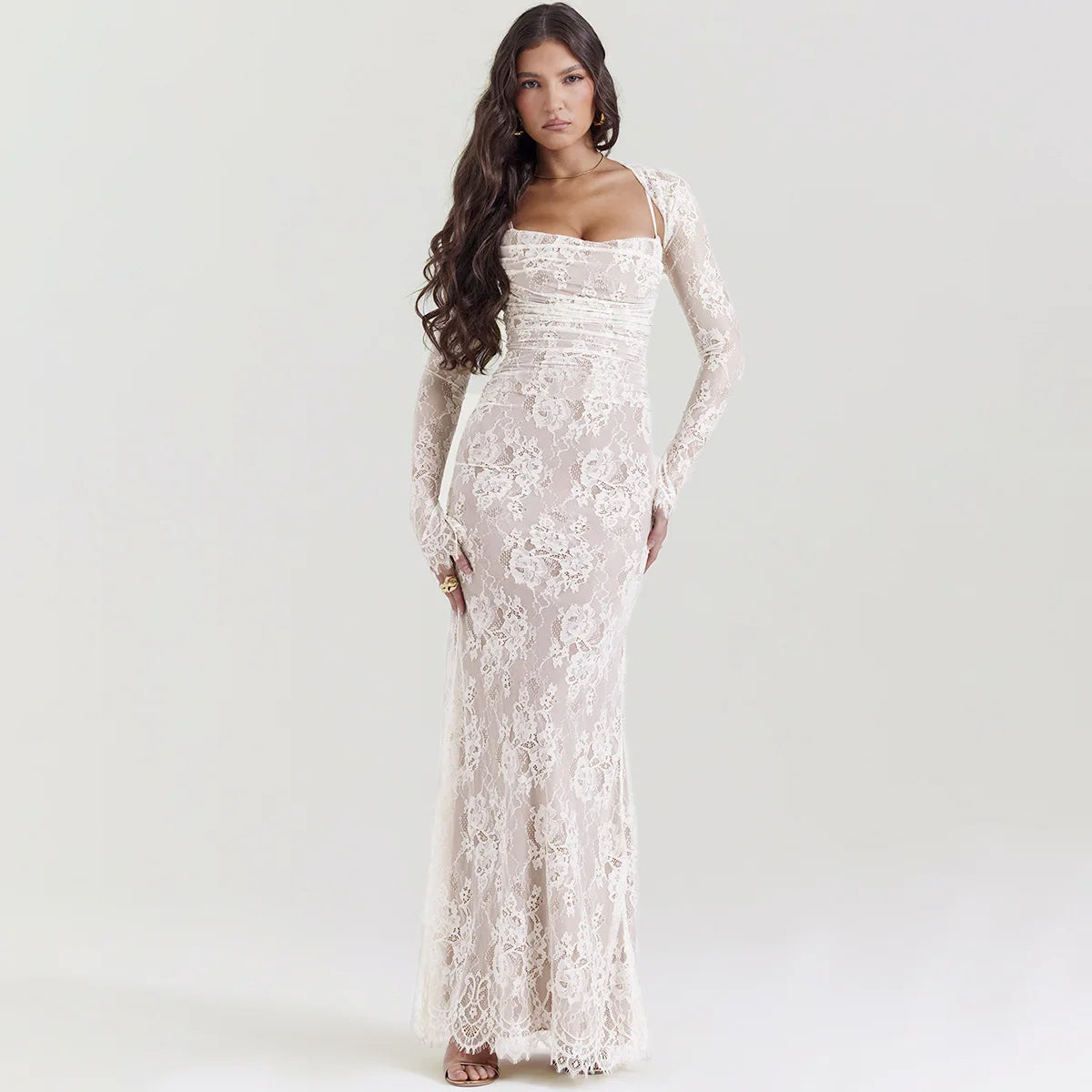 Mozision Elegant Lace Print Maxi Dress Set Women Fashion Spaghetti Strap Long Sleeve Bodycon Club Party Sexy Long Dress