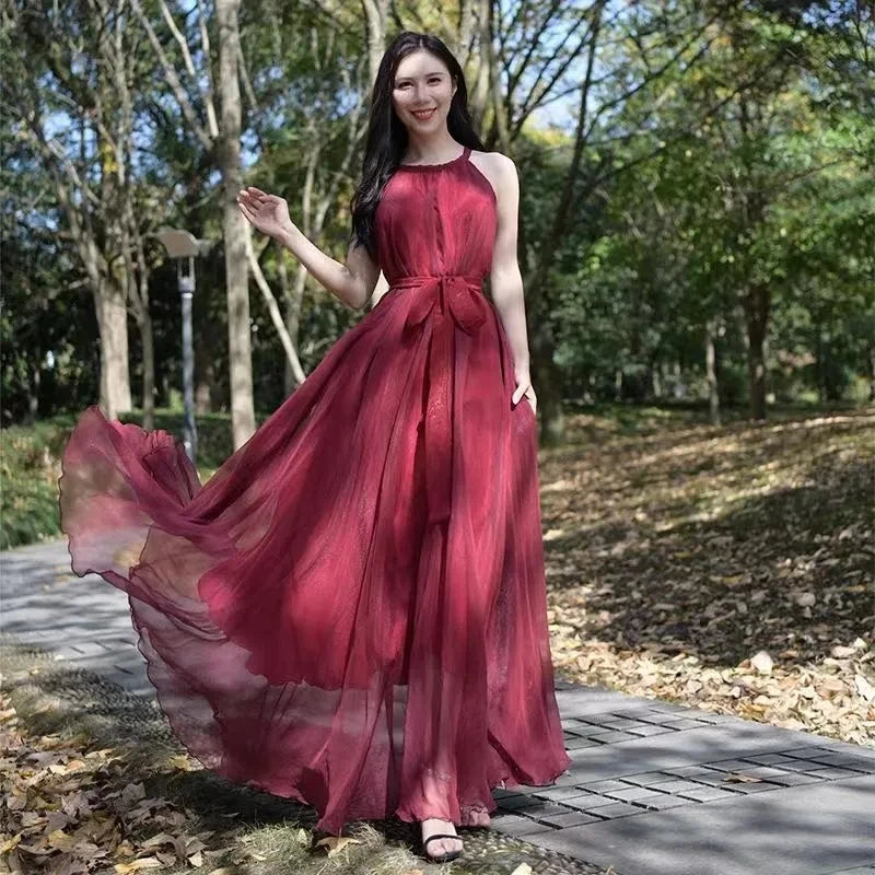 Travel Photo Desert Long Dress Women New Summer Chic Large Swing Chiffon Dress Slim Plus Size 4XL Seaside Holiday Beach Dresses