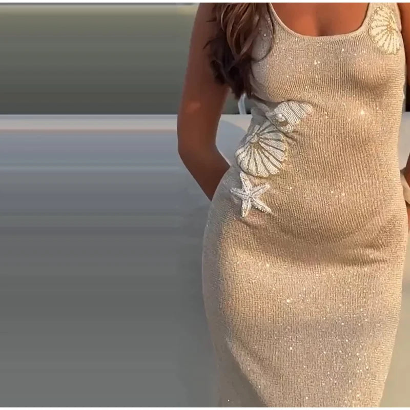 Star Pattern Knitted Sequins Long Dress Women Sleeveless O-neck Solid 2025 Summer Fashion Slim Dresses Vacation Party Vestidos