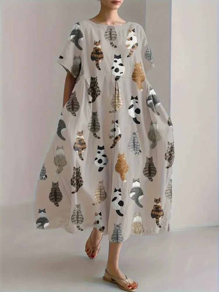 Cute Cat 3D Printed Round Neck Elegant Knee-length Dress Outdoor Holiday Casual Women's Long Dress Elegant Women's Long Dress