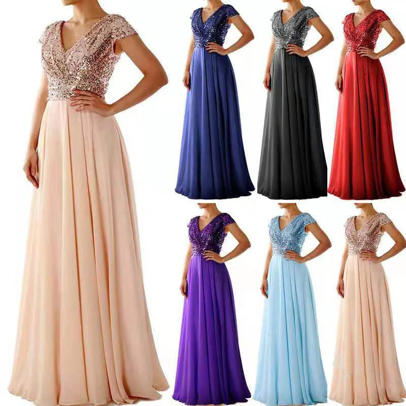 Elegant Sequins Chiffon Dress for Women V Neck Pleated Hem Female Sequins Chiffon Prom Cocktail Long Dress Wedding Evening Dress