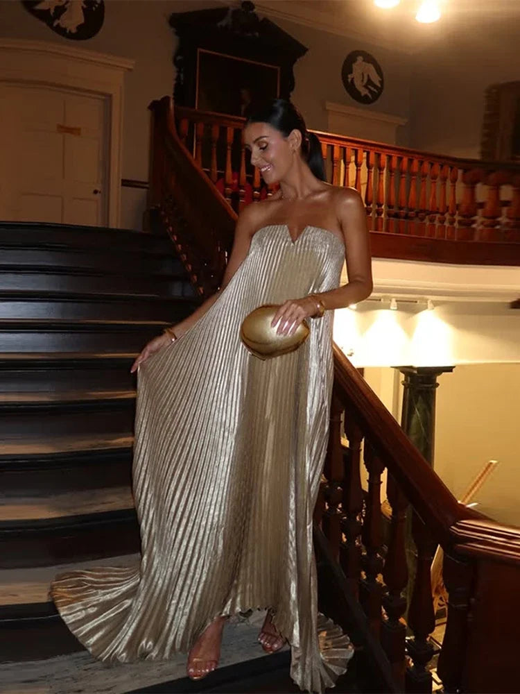 Elegant Pleat Long Dress Women Loose Tube Top Shiny Backless Sleeveless Dresses Female 2025 Summer Lady Party Evening Robes