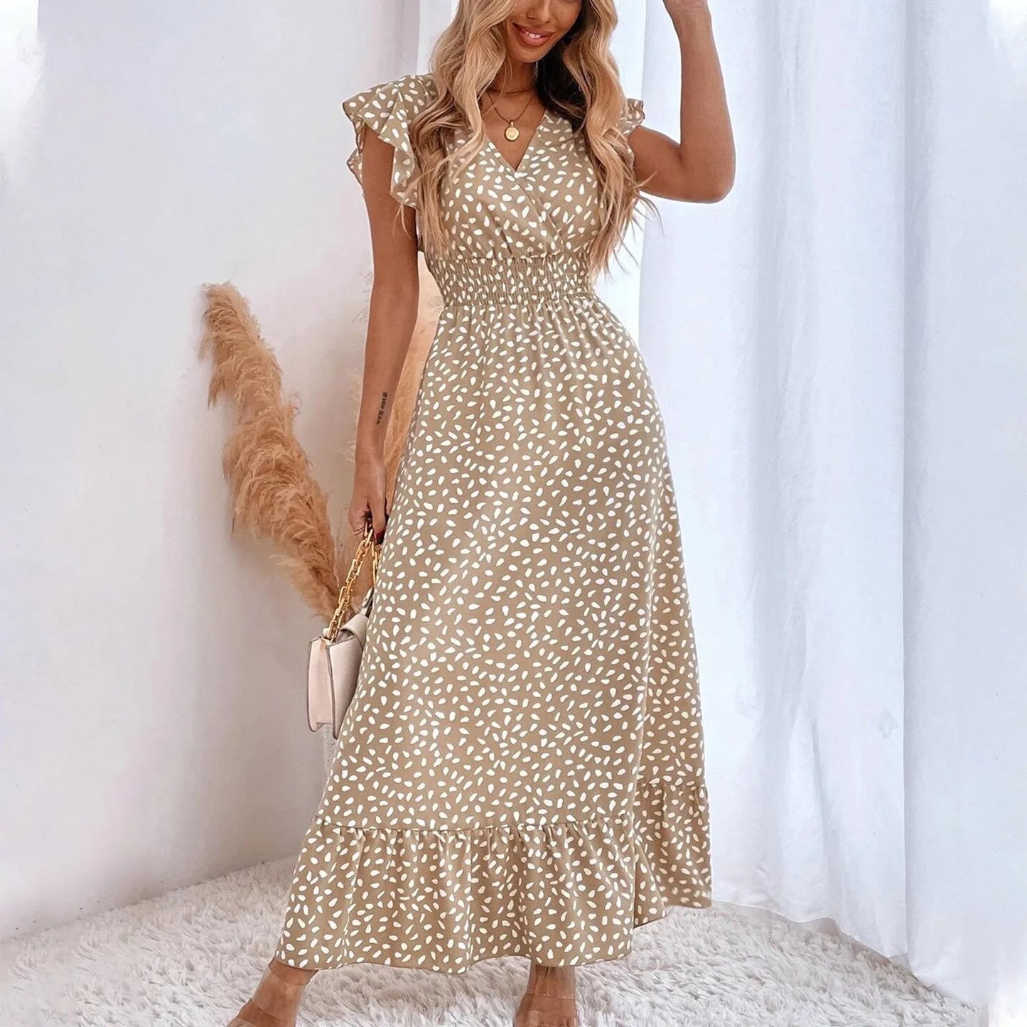 Polka Dot Dress For Women Sexy V-Neck Long Dress Casual And Fashionable Ruffle Edge Short Sleeved High Waisted Dress