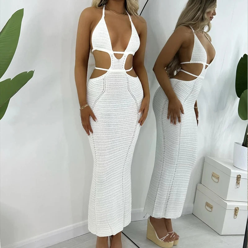 New Style Hollow Out Backless Tie Up Dress Women Beach Holiday Sun Bathing Sunscreen Long Dress Knitting Beachwear Cover Up